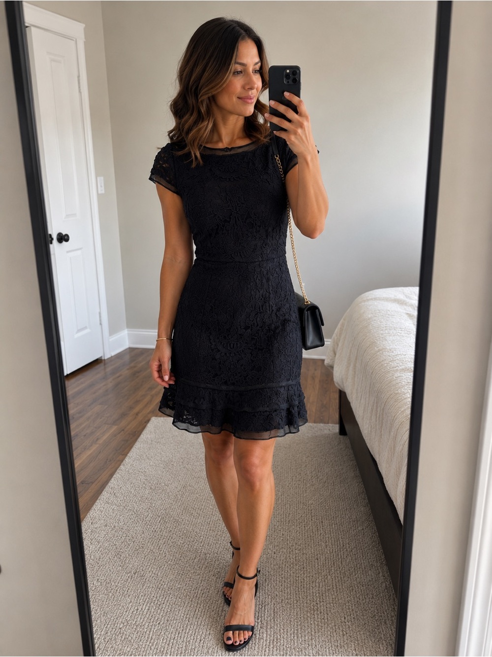 Adrianna Papell Navy Lace Cap-Sleeve Fit-and-Flare Mini Dress